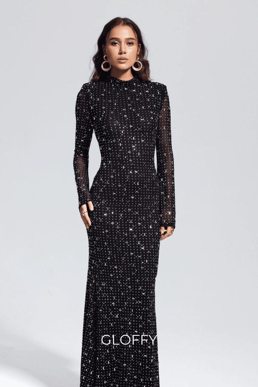 Andie Strasslı Bodycon Uzun Kollu Maxi Elbise Shine Aura