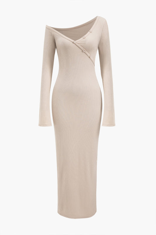 Button Asymmetric Neck Long Sleeve Maxi Elbise Siaora