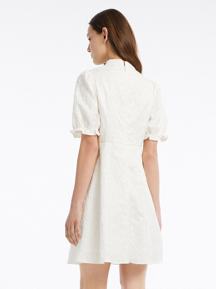 Beyaz Çekoslovak Qipao Jacquard Puff Kol Midi Elbise Siaora