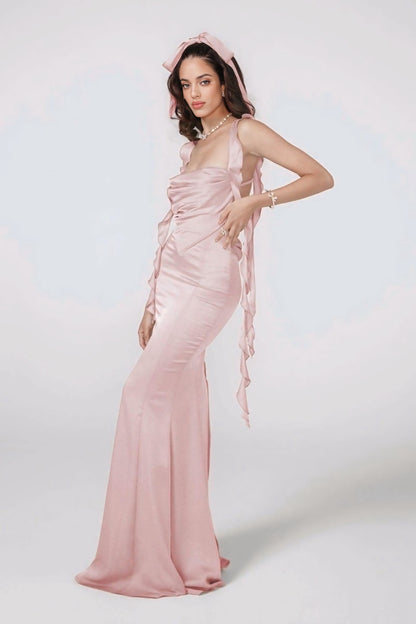 Hilda Ruffle Ribbon Sırtı Açık Uzun Elbise Shine Aura