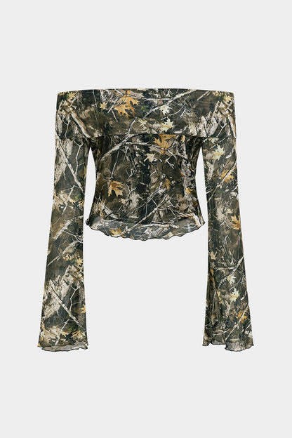 Branch Print Mesh Off Shoulder Uzun Kollu Üst Siaora