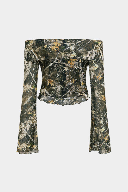 Branch Print Mesh Off Shoulder Uzun Kollu Üst Siaora