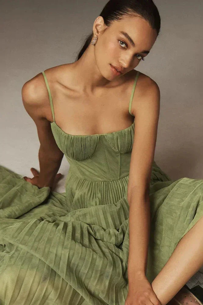 Büstiyer Pileli Tül Fit & Flare Midi Elbise Niebbla