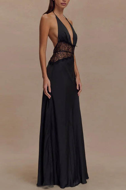 Halter Patchwork Sırt Dekolteli Seksi Uzun Elbise Niebbla