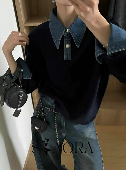 Denim Detaylı Triko Kazak Siaora