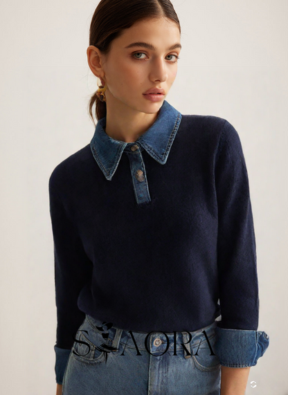 Denim Detaylı Triko Kazak Siaora