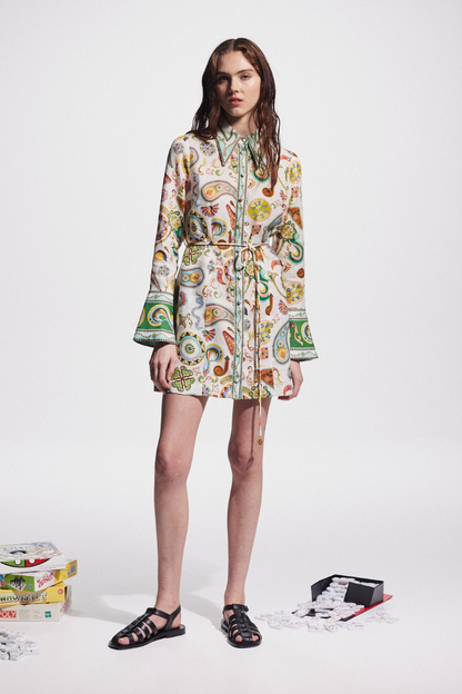 Aimeé Uzun Kollu Paisley Mini Elbise Niebbla