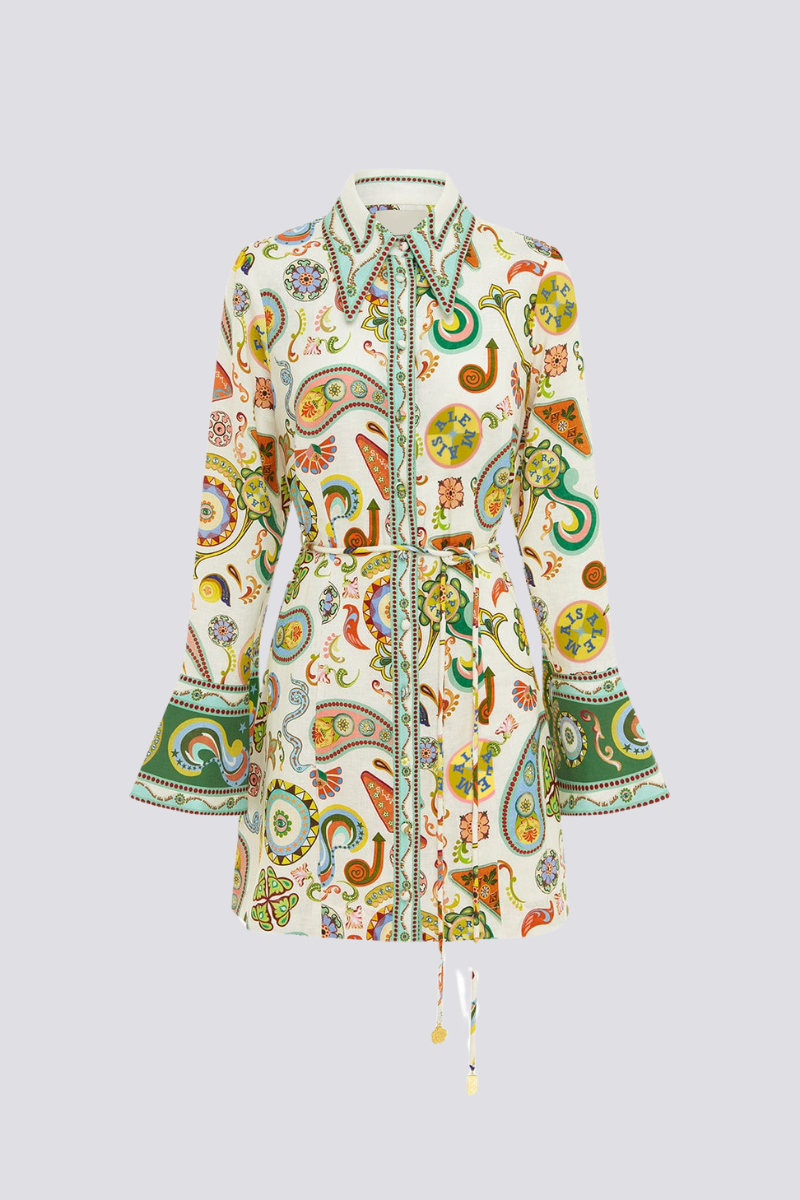 Aimeé Uzun Kollu Paisley Mini Elbise Niebbla