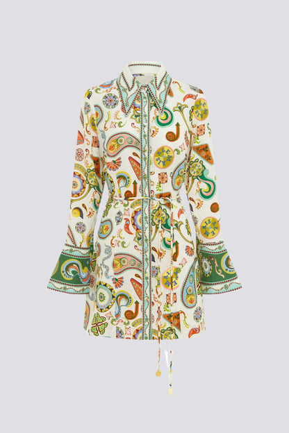 Aimeé Uzun Kollu Paisley Mini Elbise Niebbla