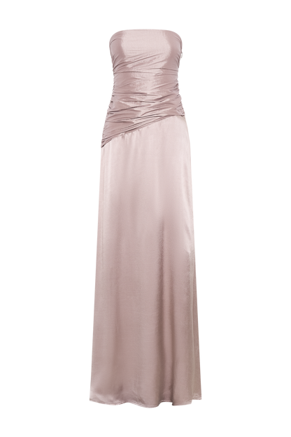 ROF Serena Straplez Tafta Maxi Elbise - Bronz Taupe Shine Aura