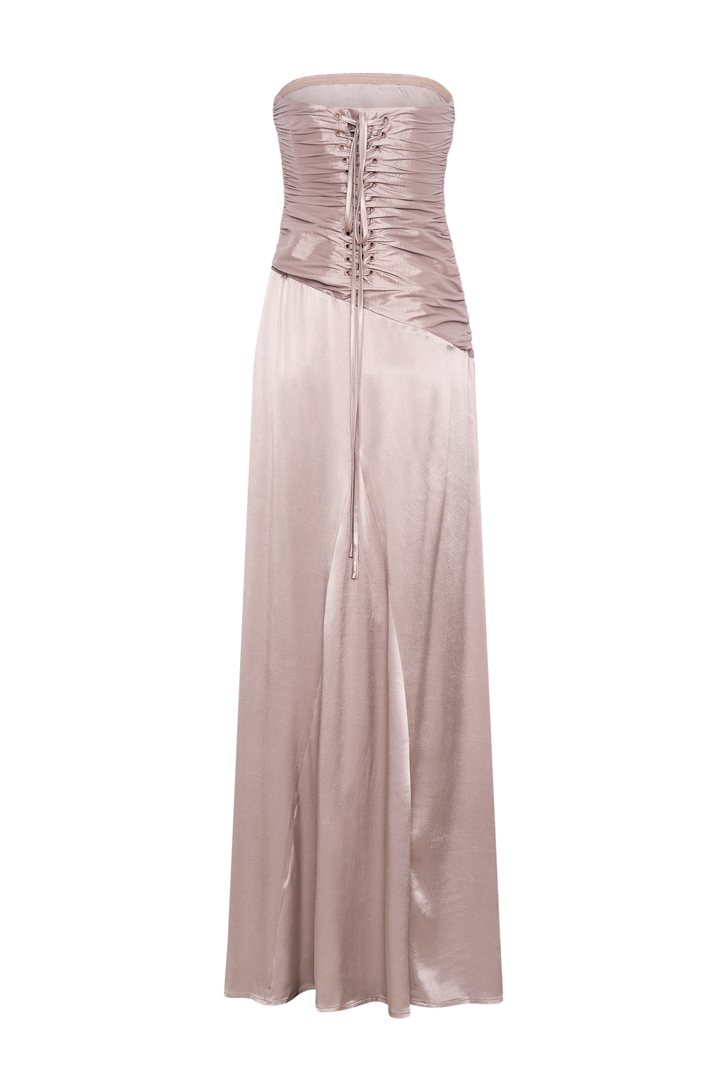 ROF Serena Straplez Tafta Maxi Elbise - Bronz Taupe Shine Aura