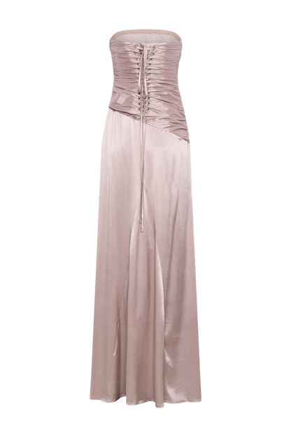 ROF Serena Straplez Tafta Maxi Elbise - Bronz Taupe Shine Aura
