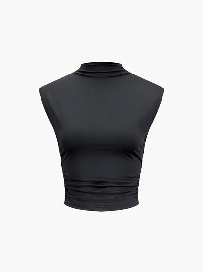 Minimal Siyah Yüksek Yaka Crop Bluz Siaora
