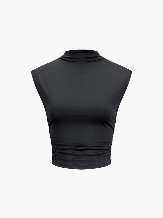 Minimal Siyah Yüksek Yaka Crop Bluz Siaora