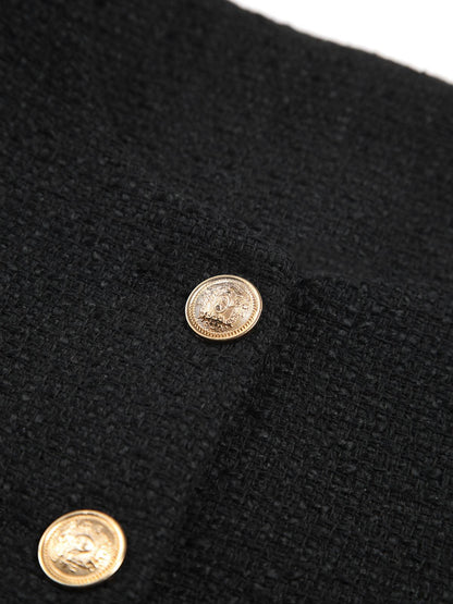 Altın Düğme Detaylı Siyah Kısa Tweed Ceket Siaora
