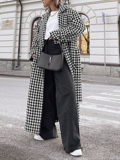 Aşırı Büyük Houndstooth Keten Trençkot Quvarse