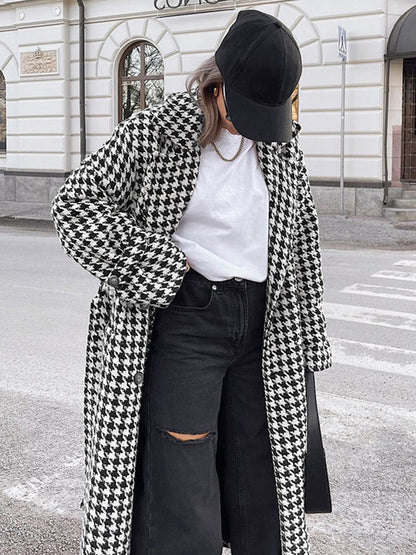 Aşırı Büyük Houndstooth Keten Trençkot Quvarse