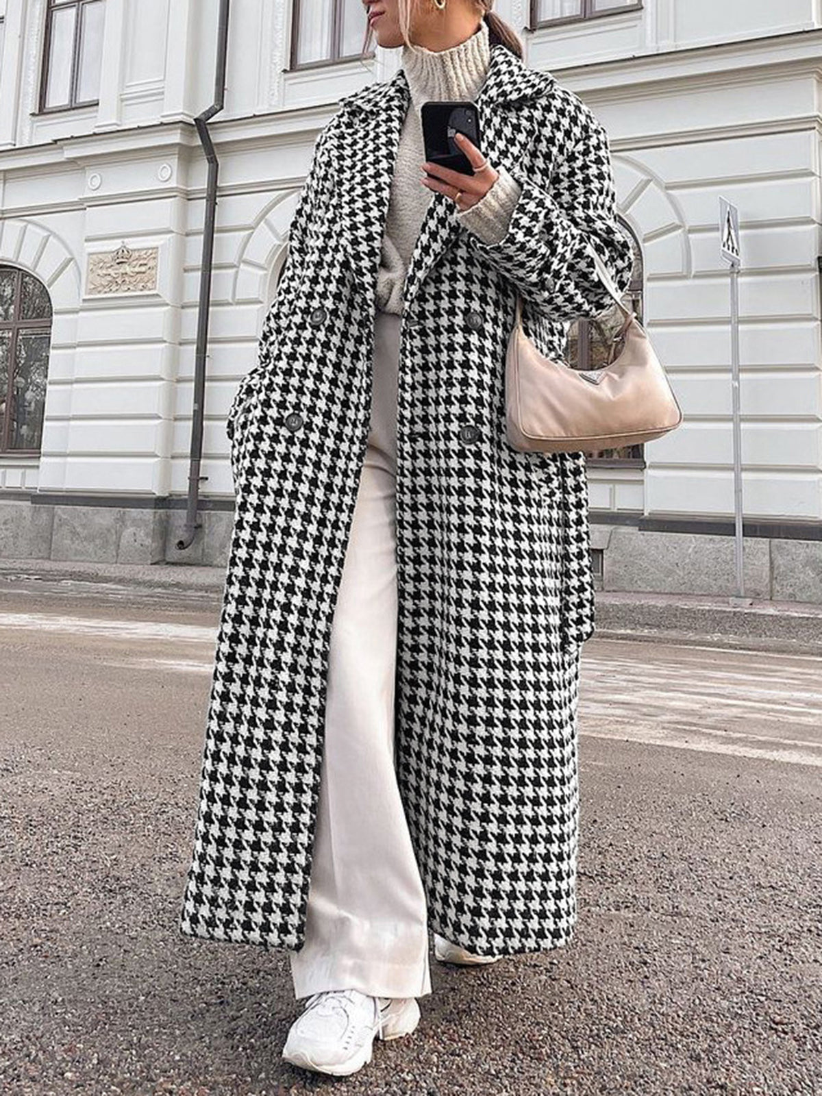 Aşırı Büyük Houndstooth Keten Trençkot Quvarse