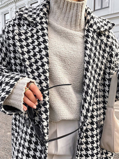 Aşırı Büyük Houndstooth Keten Trençkot Quvarse
