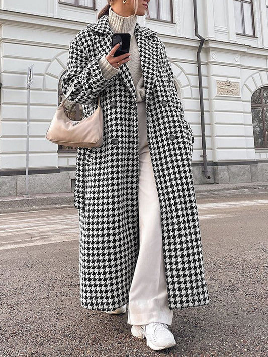 Aşırı Büyük Houndstooth Keten Trençkot Quvarse