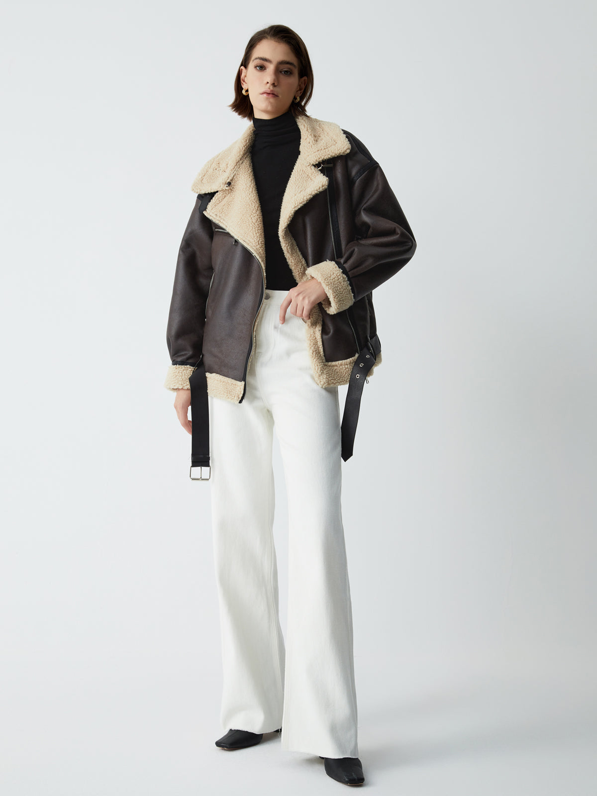 Klasik Sherpa Astarlı Shearling Deri Uçuş Ceketi Siaora