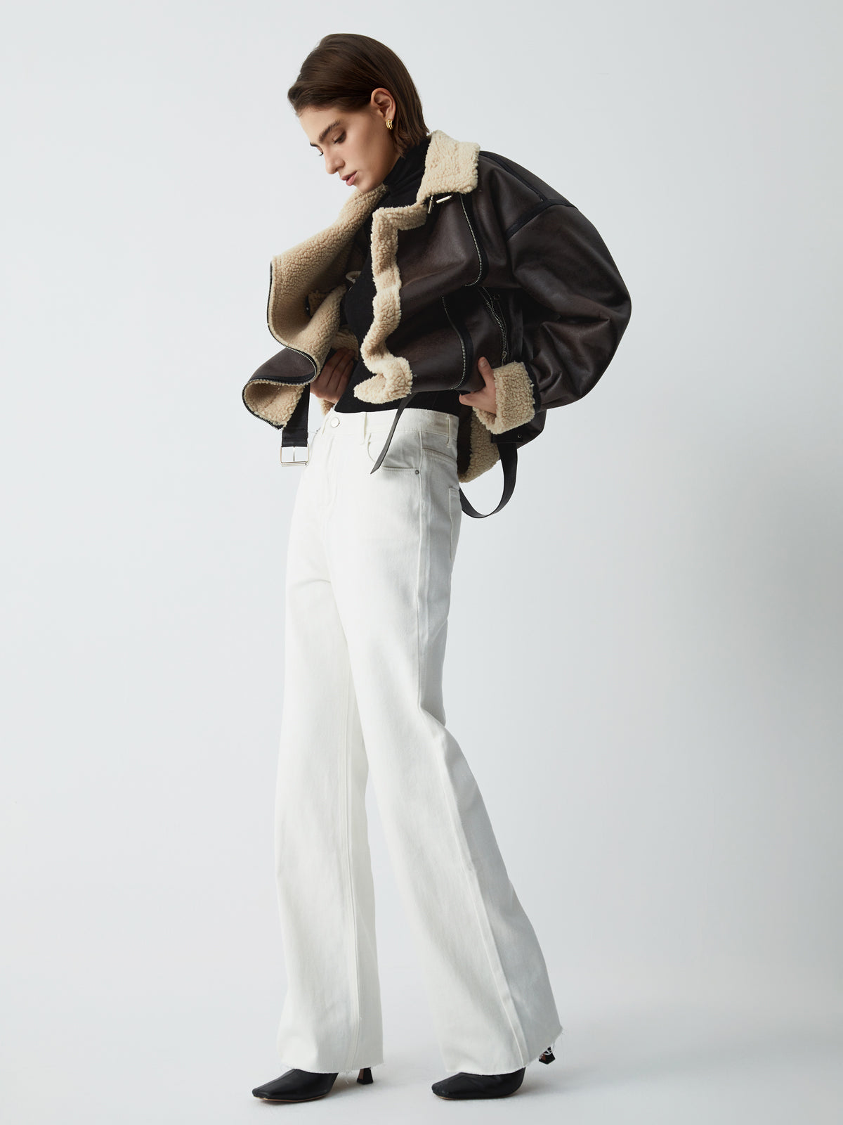 Klasik Sherpa Astarlı Shearling Deri Uçuş Ceketi Siaora