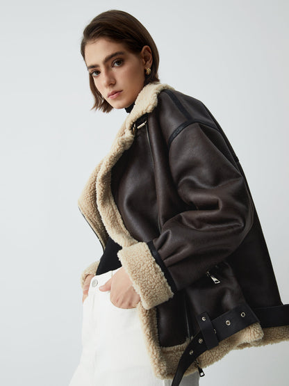 Klasik Sherpa Astarlı Shearling Deri Uçuş Ceketi Siaora