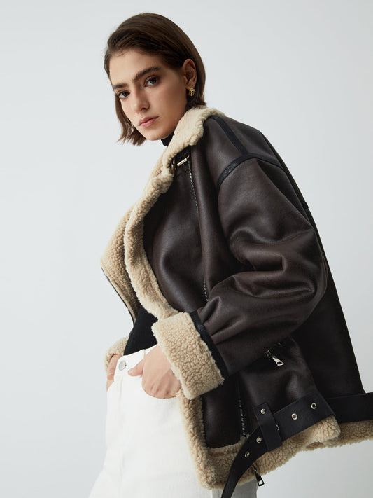 Klasik Sherpa Astarlı Shearling Deri Uçuş Ceketi Siaora