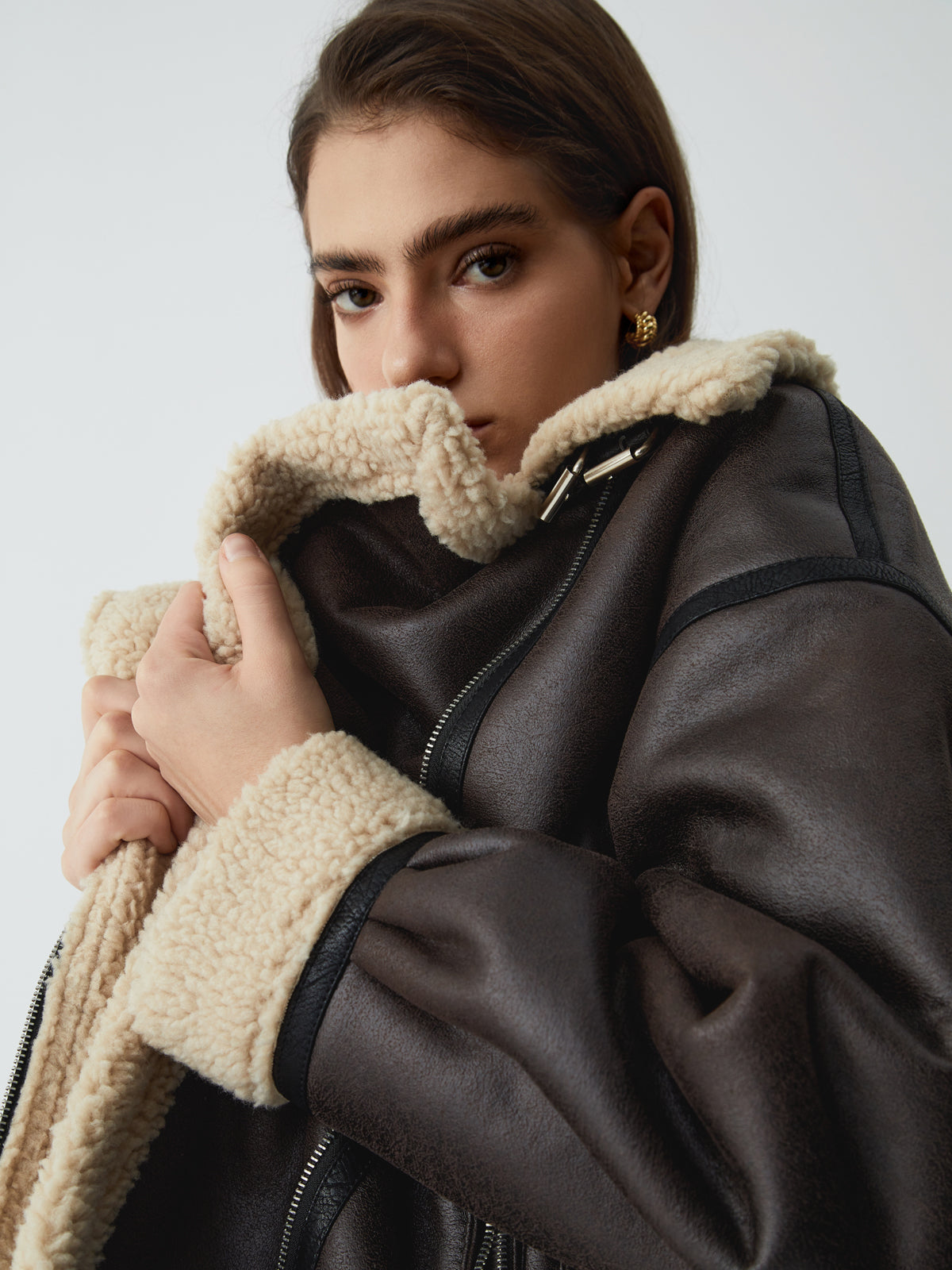 Klasik Sherpa Astarlı Shearling Deri Uçuş Ceketi Siaora