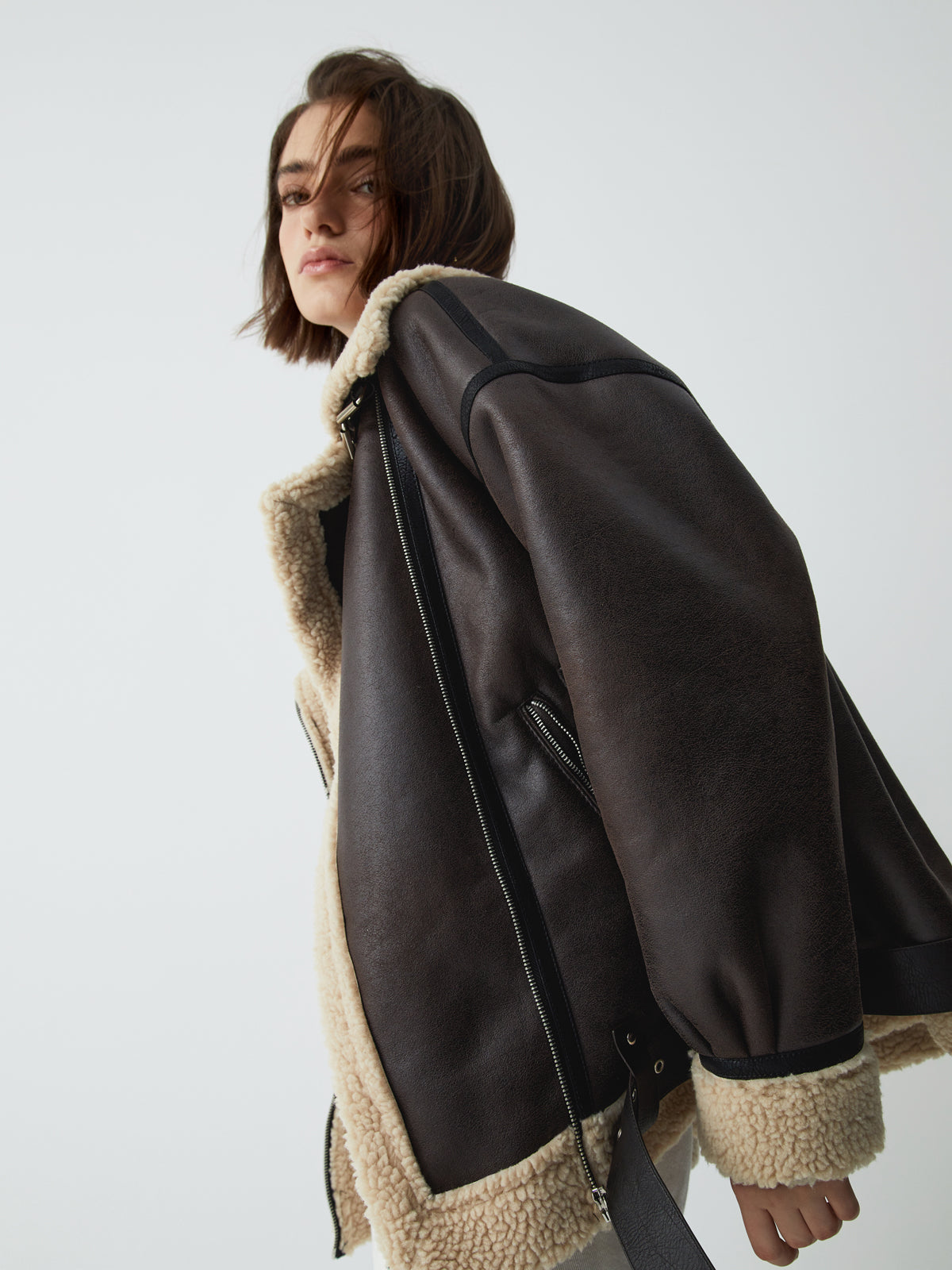 Klasik Sherpa Astarlı Shearling Deri Uçuş Ceketi Siaora
