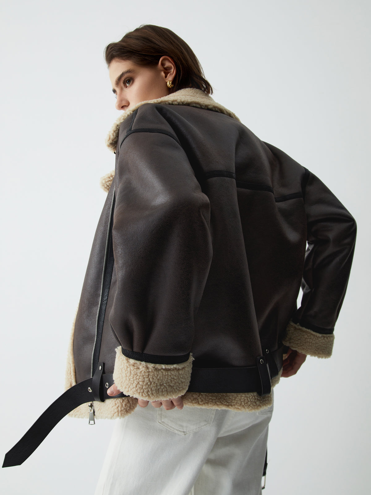Klasik Sherpa Astarlı Shearling Deri Uçuş Ceketi Siaora