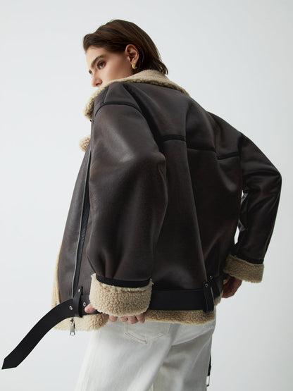 Klasik Sherpa Astarlı Shearling Deri Uçuş Ceketi Siaora