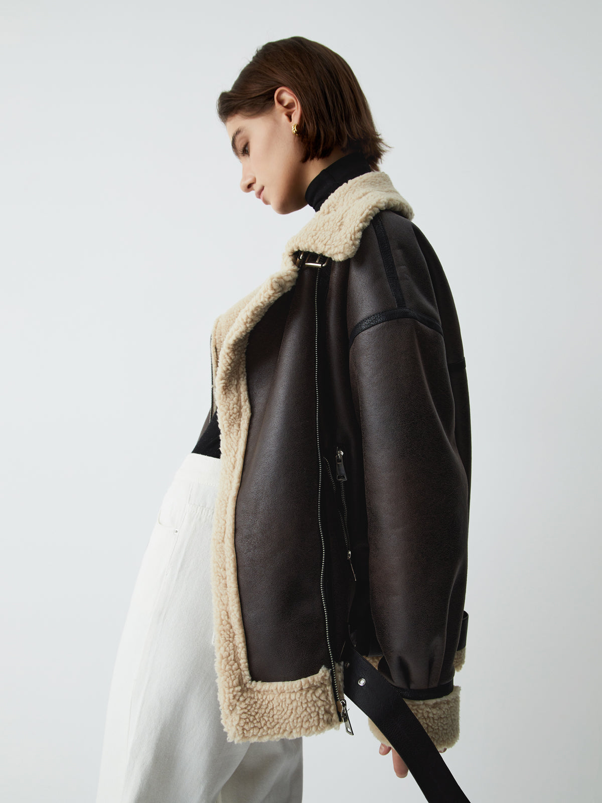 Klasik Sherpa Astarlı Shearling Deri Uçuş Ceketi Siaora