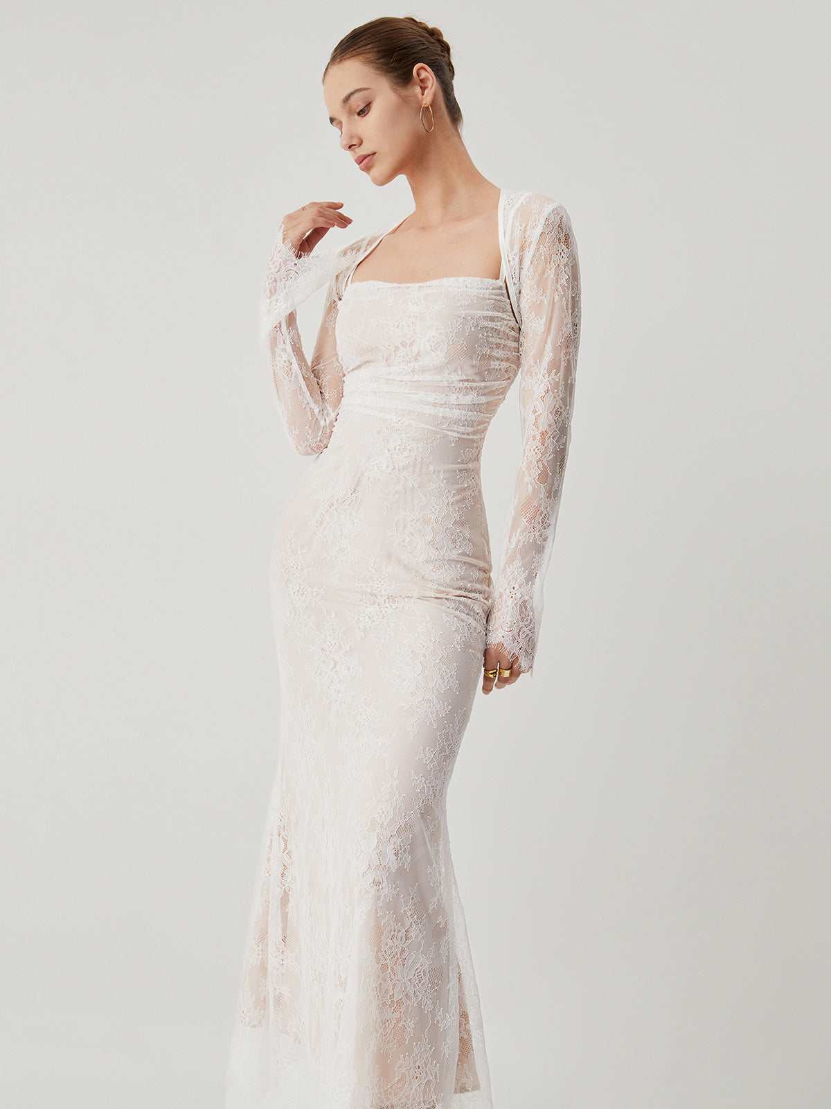 Dantel Jakarlı Çiçekli Yarı Şeffaf Bağlamalı Maxi Elbise Quvarse