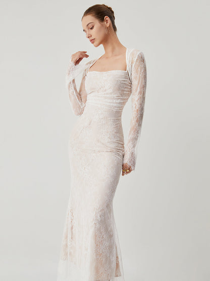 Dantel Jakarlı Çiçekli Yarı Şeffaf Bağlamalı Maxi Elbise Quvarse