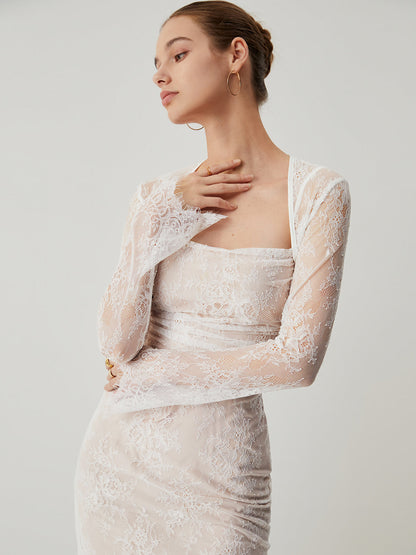 Dantel Jakarlı Çiçekli Yarı Şeffaf Bağlamalı Maxi Elbise Quvarse