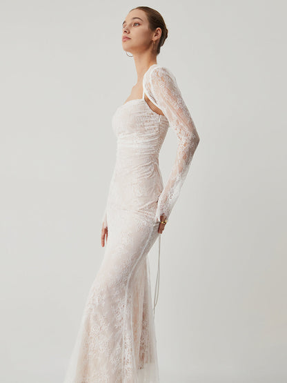 Dantel Jakarlı Çiçekli Yarı Şeffaf Bağlamalı Maxi Elbise Quvarse