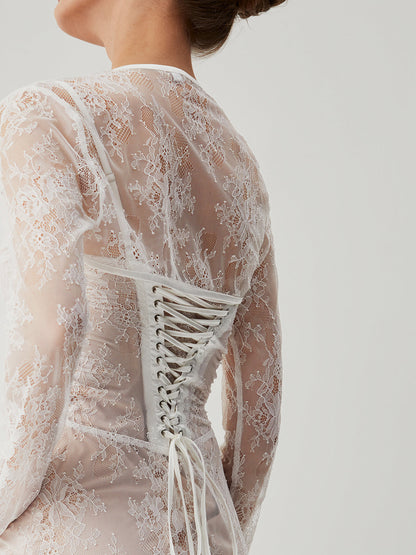 Dantel Jakarlı Çiçekli Yarı Şeffaf Bağlamalı Maxi Elbise Quvarse