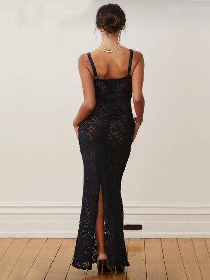Çiçekli Dantel Bodycon Uzun Elbise Shine Aura