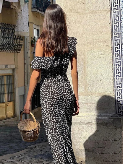 Papatya Çiçek Desenli Uzun Elbise Shine Aura