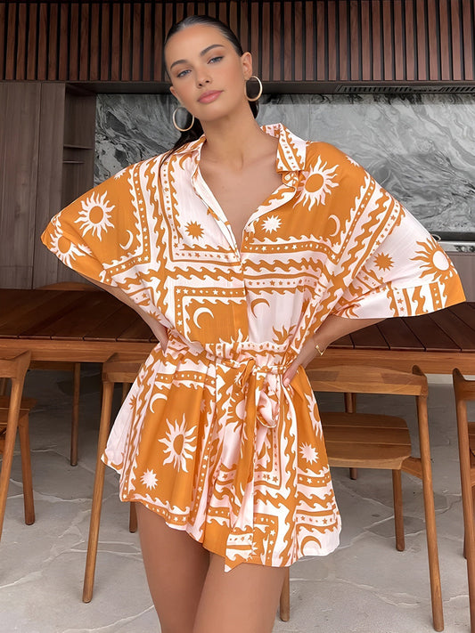 Boho Güneş ve Ay Desenli Kısa Tulum THESVELTECHIC