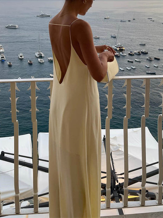 Sırtı Açık Tatil Saten Uzun Elbise Shine Aura