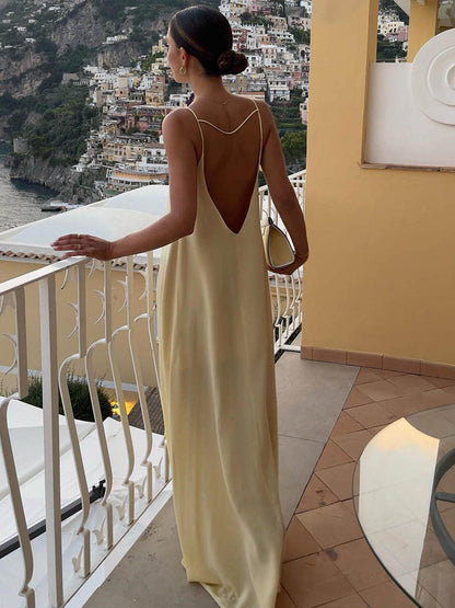 Sırt Dekolteli Sarı Askılı Maxi Elbise Siaora