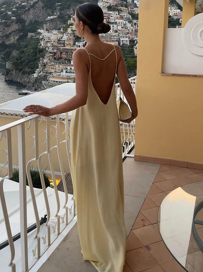 Sırtı Açık Tatil Saten Uzun Elbise Shine Aura
