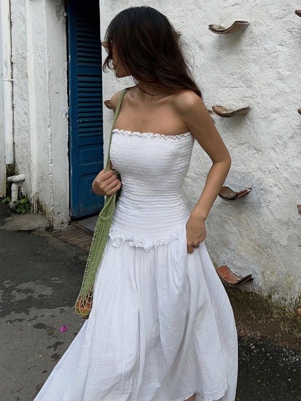 Cotton Blends Shirred Tube Long Dress Quvarse