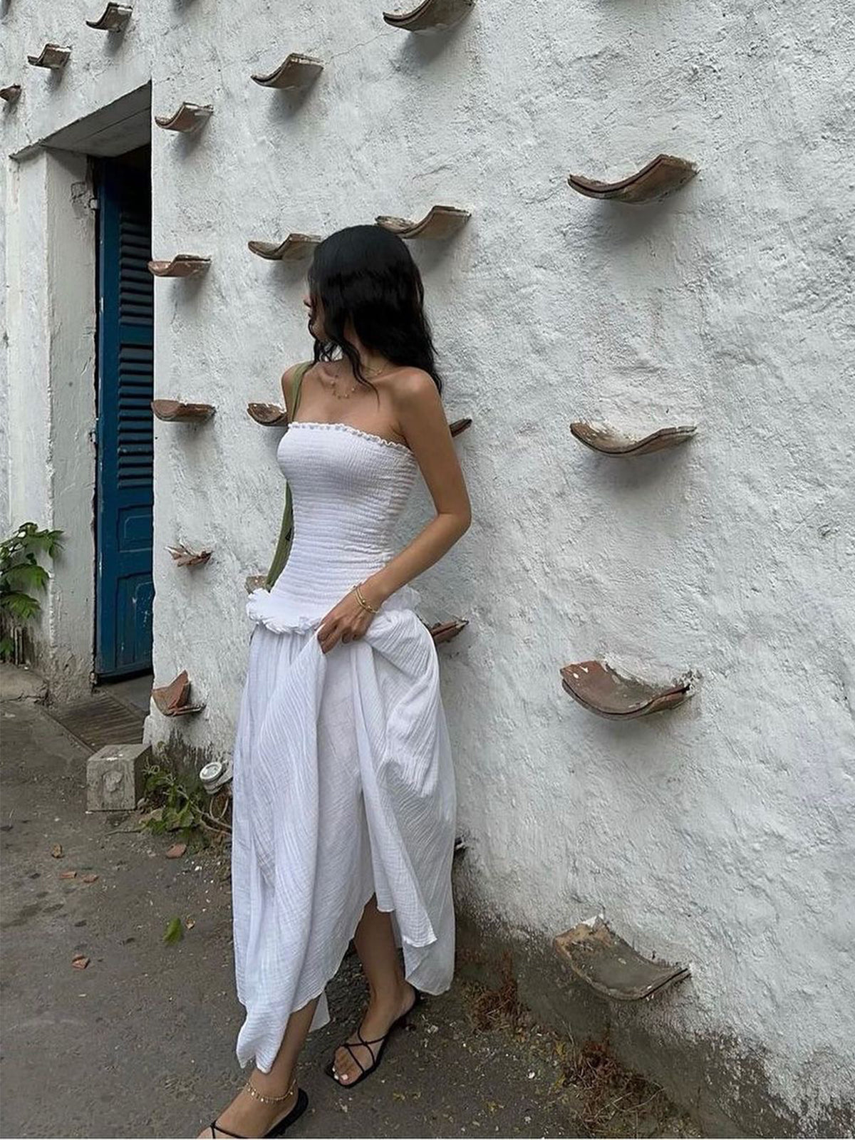 Cotton Blends Shirred Tube Long Dress Quvarse