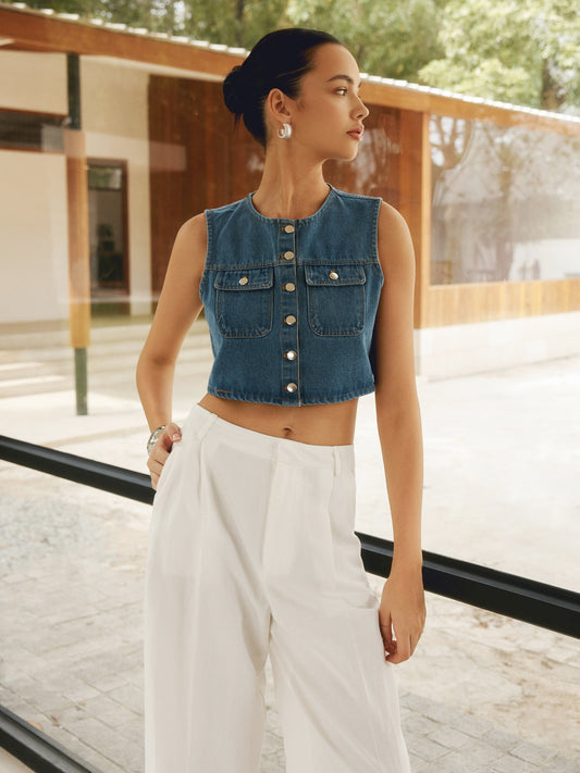 Düğme Detaylı Kolsuz Denim Kısa Üst Siaora