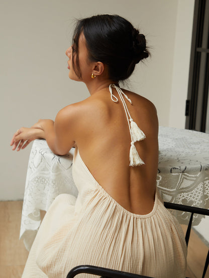 Pamuk Karışımlı Sırtı Açık Halter Midi Elbise Siaora
