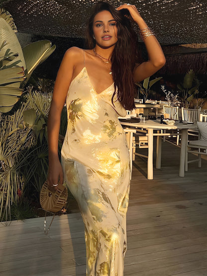 Metalik Baskılı V Yaka Sırtı Açık Slip Uzun Elbise Shine Aura