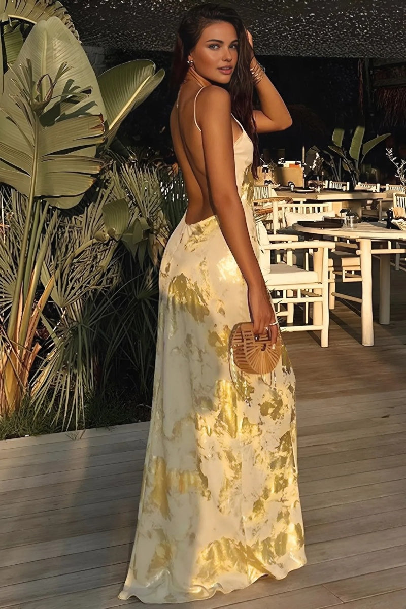 Altın Sırtı Açık Gece Tatili Kolsuz Uzun Elbise Niebbla